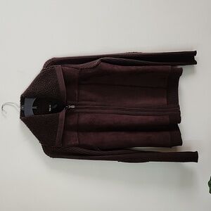 Style & Co brown wool blend full zip faux suede sweater fall staple ribbed Large